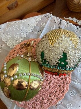 Gold and Green Beaded Holiday Ornament Set